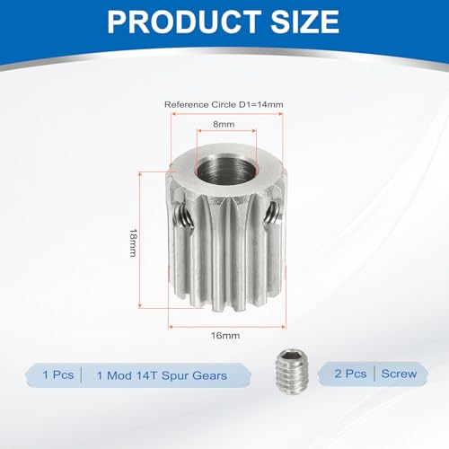 uxcell 1 Mod 14T Spur Gear 8mm Bore, 304 Stainless Steel Pinion Gear - size: 1 Mod 14T, 8mm