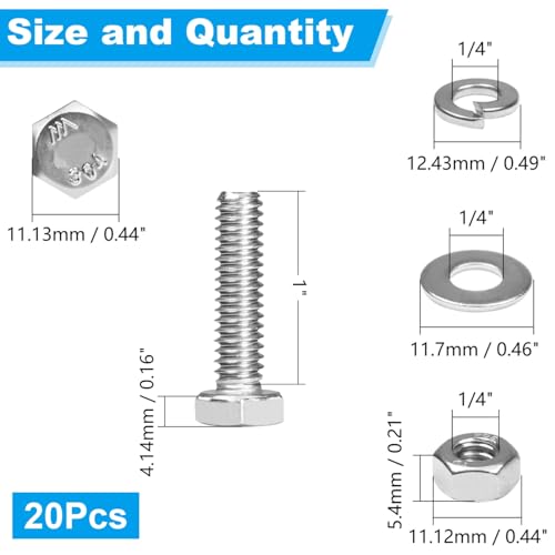 20 Sets 1/4-20 x 1 Hex Head Screw Bolt,Nuts,Flat & Lock Washers - size: 1/4-20 x 1"