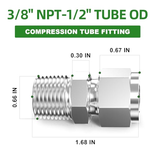 TAISHER 2PCS 304 Stainless Steel Compression Tube Pipe Fitting Connector, 1/2" Tube OD x 3/8" NPT Male Straight Adapter - size: 1/2" OD x 3/8" MNPT