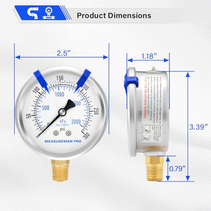 MEASUREMAN PRO 2.5'' Glycerin Filled Pressure Gauge, 0-300psi/kpa, 304 Stainless Steel Case, 1/4" NPT Lower Mount,for Regulator, Air Compressor, Water System, HVAC, Hydraulic Test - size: 2.5'' (Lower Mount), style: 0-300 psi