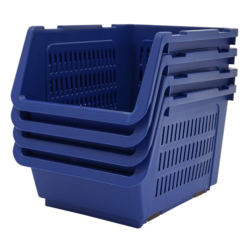 4 Pcs Open Front Stackable Storage Bins, PP Stacking Organizer Baskets with Rolling Wheels, Telescopic Buckles, Nestable, 38.58lbs Load (Blue) - color: Blue