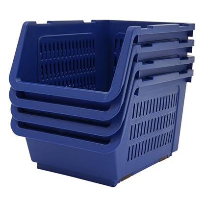 4 Pcs Open Front Stackable Storage Bins, PP Stacking Organizer Baskets with Rolling Wheels, Telescopic Buckles, Nestable, 38.58lbs Load (Blue) - color: Blue