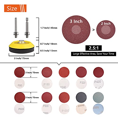 Tshya 100pcs 3inch Sanding Discs Pad with 2Pcs Sanding Sponge Buffing Blocks Variety Kit for Drill Grinder Rotary Tools Attachment with 1/4" Shanks, Sanding Pads Includes 80-3000 Grit - style: 3in 104Pack