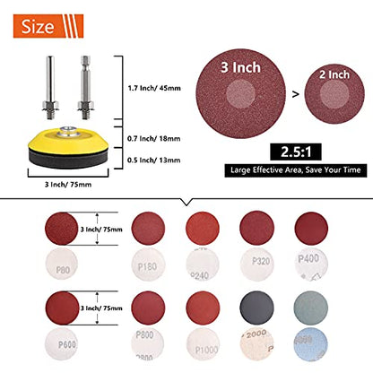Tshya 100pcs 3inch Sanding Discs Pad with 2Pcs Sanding Sponge Buffing Blocks Variety Kit for Drill Grinder Rotary Tools Attachment with 1/4" Shanks, Sanding Pads Includes 80-3000 Grit - style: 3in 104Pack