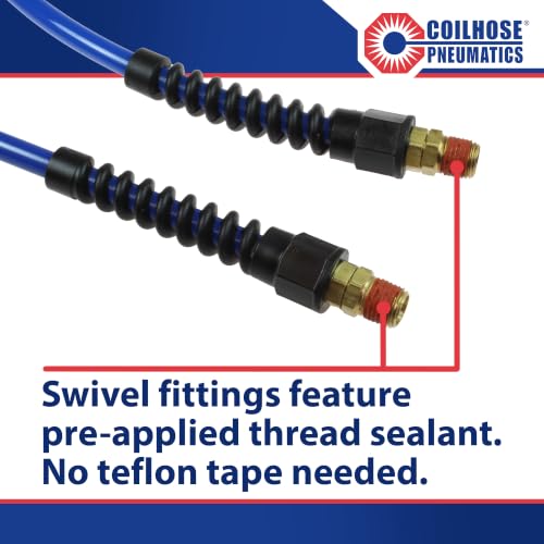 Coilhose Pneumatics PU14-25B-B Flexcoil Polyurethane Coiled Air Hose, 1/4-Inch ID, 25-Foot Length with (2) 1/4-Inch Reusable Strain Relief MPT Swivel Fittings, Dark Blue - color: Blue, size: 1/4" X 25 Feet