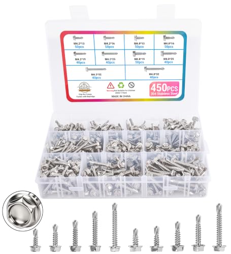 Stainless Steel Wood & Sheet Metal Screw Assortment Self-Tapping Screws (450PCS HEX) - size: 450PCS HEX