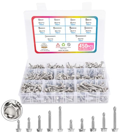 Stainless Steel Wood & Sheet Metal Screw Assortment Self-Tapping Screws (450PCS HEX) - size: 450PCS HEX