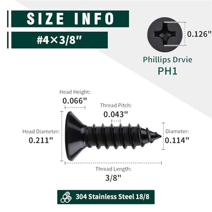 #4 x 3/8" Flat Head Phillips Sheet Metal Tek Screws, 304 Stainless Steel 18-8, Black Oxide Coated Finish, Corrosion Resistant Flat Head Wood Screws, 100 PCS - size: #4 x 3/8"