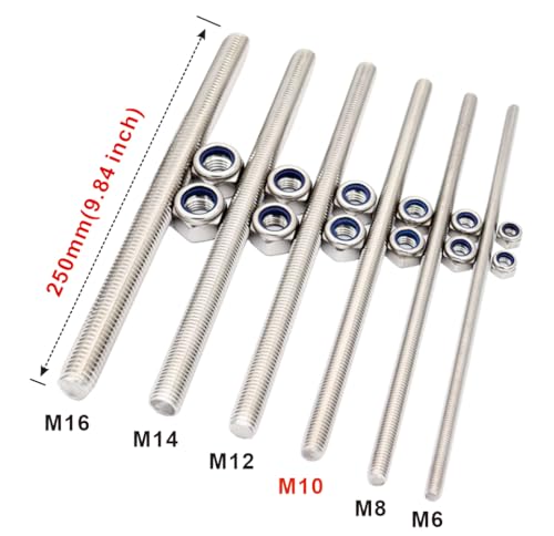M10x250mm Threaded Rod 2pcs 304 Stainless Steel Fully Metric Threaded Rod - size: M10*250mm