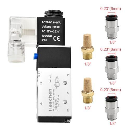 Heschen Electric Pneumatic Air Control Valve, Solenoid Control Valve 4V210-06 220VAC PT1/8 5 Way 2 Position Single Coil Electric Driven CE with Fittings and Muffler