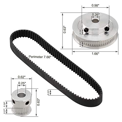 PAGOW GT2 Synchronous Wheel 20&60 Teeth 6.35mm Bore, Aluminum Timing Pulley with Length 200mm Width 6mm Belt (bore 6.35mm(1pcs a Set) for 3D Printer) - style: bore 6.35mm(1pcs a set)