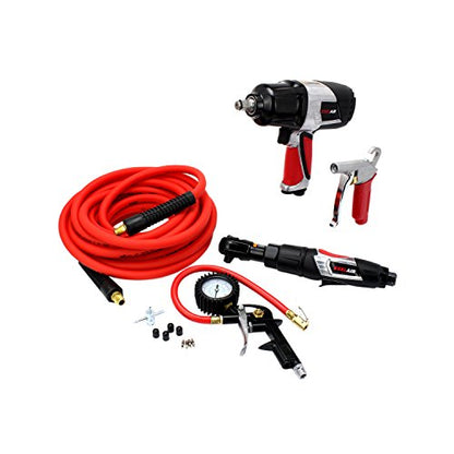 EXELAIR™ by Milton (MK3825ATIG) Bundle: Impact Wrench, Air Ratchet, Blow Gun, Tire Inflator Gauge, 25' Cobra Flex Air Hose & Safety Valve Accessories, (14-Piece)