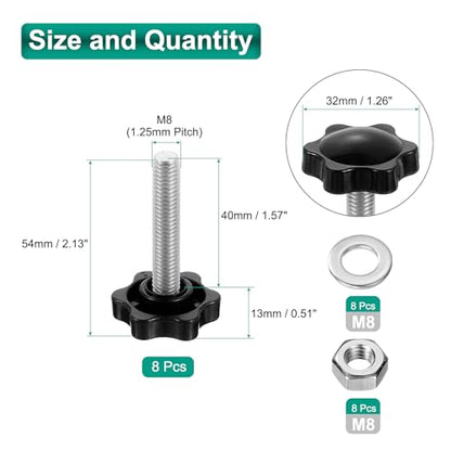 uxcell 8pcs Star Clamping Knobs with Nuts Washers, M8 x 40mm Metric 304 Stainless Steel Male Thread 32mm 6-Star Plastic Head, Threaded Stud Hand Knobs Handles Thumb Screws, Black - size: M8 x 40mm