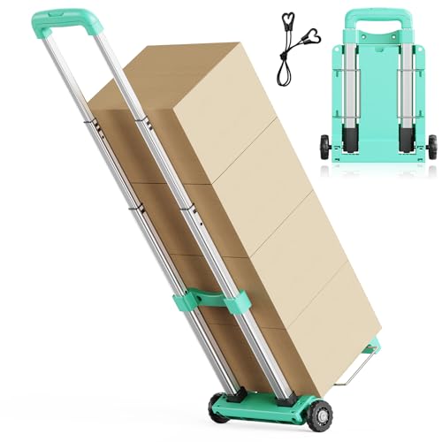Mini Small Folding Hand Truck Dolly with 2 Tank Wheels, Expandable Base Plate Utility Luggage Cart with 1 Elastic Ropes, Portable Dolly Cart for School Travel Office Moving - color: Blue