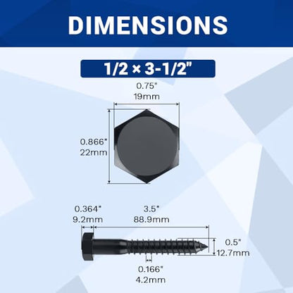 1/2 x 3-1/2" Black Hex Head Lag Screws Bolts (8 pcs), 304 Stainless Steel 18/8, Black Oxide Coated, Partial Thread, Deck Screws, Heavy Duty Hex Head Wood Lag Screws, Fayeploo - size: 1/2 x 3-1/2"