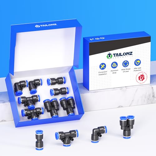 TAILONZ 3/8" Push to Connect Fitting Splitters+Elbows+Tees+Straight 8Pcs - color: Blue, size: 3/8"OD/8PCS