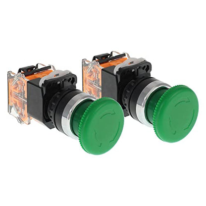 Emergency Push Button Switch, Green Mushroom Head, for Home or Industrial Equipment, Operating Rooms, Distribution Boxes, NO NC, 22mm, Stay-Put (2 Pack) - size: 2 Green, style: Stay-put