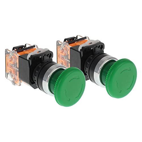 Emergency Push Button Switch, Green Mushroom Head, for Home or Industrial Equipment, Operating Rooms, Distribution Boxes, NO NC, 22mm, Stay-Put (2 Pack) - size: 2 Green, style: Stay-put