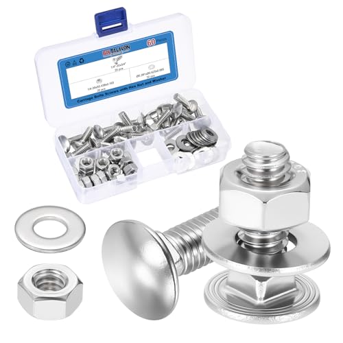 20Set 1/4"-20x3/4 Carriage Bolt with Hex Nut & Washer 304SS - color: Silver, size: 1/4"-20x3/4