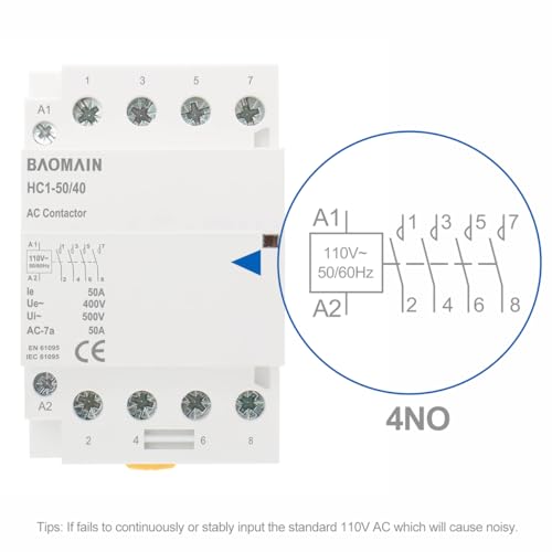 BAOMAIN 50A 4 Pole AC Contactor 110V 4NO DIN Rail for HVAC EV Smart Home