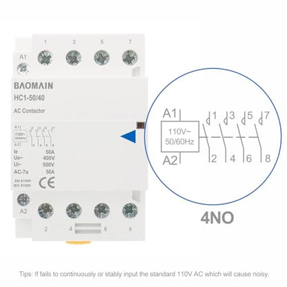 BAOMAIN 50A 4 Pole AC Contactor 110V 4NO DIN Rail for HVAC EV Smart Home