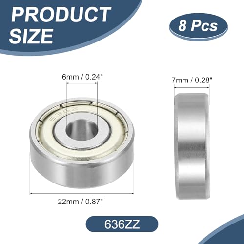 uxcell 8 Pack 636ZZ Deep Groove Ball Bearings, 6x22x7mm Chrome Steel Double Shield Bearing for Electric Motor, Home Appliances, Garden Machinery, (ABEC5) - size: 636ZZ