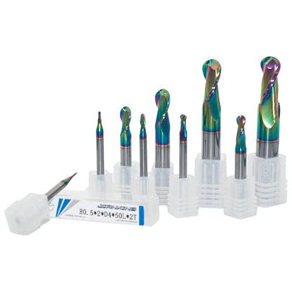 1mm-12mm R0.5-R6 2-Flute Carbide Ball Nose End Mill Set, 9-Pack - size: 1mm-12mm