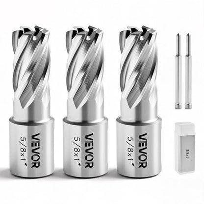 VEVOR Annular Cutter Set, 5 pcs Weldon Shank Mag Drill Bits Kit, 1" Cutting Depth, 5/8" Cutting Diameter, HSS, 3 Drill Bits with 2 Pilot Pins and 3 Plastic Cases, for Magnetic Drills, Steel, Aluminum - size: (5/8" * 1")