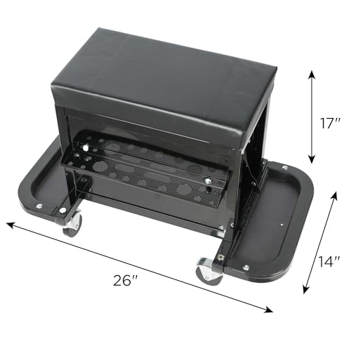 3-Drawer Tool Chest Rolling Mechanic Seat with Tool Trays, Rolling Tool Chest for Mechanics - Heavy-Duty Steel Construction, Padded Seat, Storage Tank, 350lbs Max Weight Capacity - color: 3-drawer-large