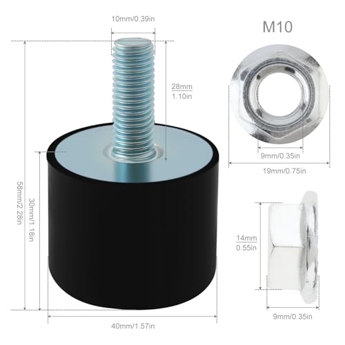 4 Pack M10 Rubber Isolator Mounts, 40 * 30mm Shock Absorber Rubber Cylindrical Vibration Isolation Anti Vibration Mount for Air Compressors/Garage Motor/Diesel Engines