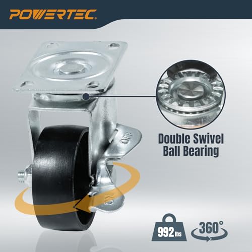 POWERTEC 3 Inch Cast Iron Swivel Caster Wheels Set of 4, Heavy Duty 992 lbs Loads, Plate Casters - 2 with Brake & 2 Without, for Cart, Dolly and Workbenches (17225) - size: 3 Inch, Swivel, Mixed Lock, Cast Iron