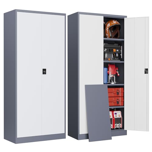 Metal Garage Storage Cabinets with Lock, 72" Tall Tool Cabinet with 2 Door and 4 Adjustable Shelves, Locking Garage Cabinets and Lockable Steel Locker for Home Office Warehouse-(Gray White-72”H) - color: Gray White, size: 72"H