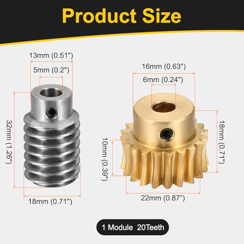 uxcell Worm Gear Set Right Rotation 20T 1 Module 20:1 Reduction Rate - size: Gear-6mm, Worm-5mm Bore, style: 1M-20T