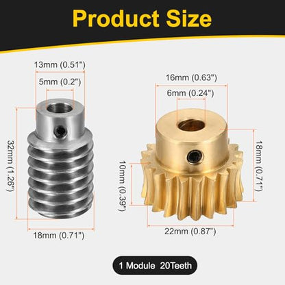 uxcell Worm Gear Set Right Rotation 20T 1 Module 20:1 Reduction Rate - size: Gear-6mm, Worm-5mm Bore, style: 1M-20T
