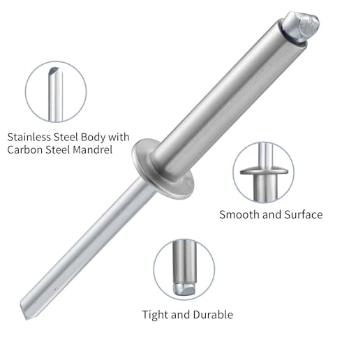 50pcs 1/4" x1/2" Stainless Blind Rivets,Pop Rivets,304 Stainless Steel Grip and Steel Mandrel, 6.3 x 12mm - color: Stainless Steel, size: 1/4" x 1/2"