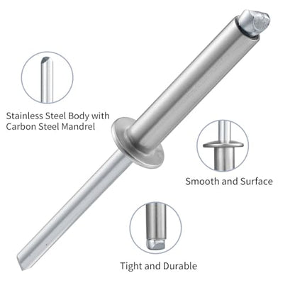 50pcs 1/4" x1/2" Stainless Blind Rivets,Pop Rivets,304 Stainless Steel Grip and Steel Mandrel, 6.3 x 12mm - color: Stainless Steel, size: 1/4" x 1/2"