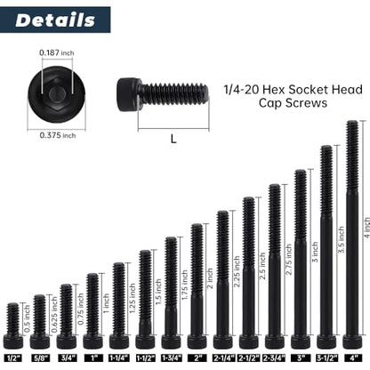 Glvaner 12-Pack 1/4-20 x 3-1/2" Socket Head Cap Screws, Grade 12.9 Alloy Steel, Black Oxide Finish, Partial Thread UNC, Allen Hex Drive - size: 1/4-20 x 3-1/2"