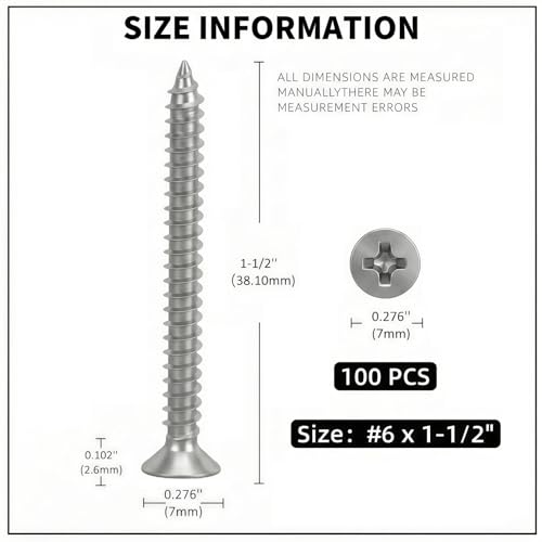 #6 x 1-1/2 [100 Pack] Flat Head Phillips Drive Self Tapping Screws, Sheet Metal Screws, 304 Stainless Steel (18-8), Corrosion Resistant Screws for Wood, Sheet Metal and More - size: #6 x 1-1/2