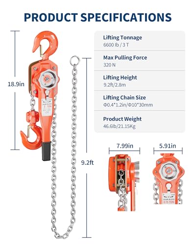 3 Ton Lever Chain Hoist, 6600 Lbs 10 ft Manual Ratchet Come Along - size: 3 Ton 10FT