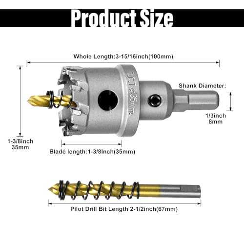 SALI 1-3/8" (35mm) TCT Hole Saw Kit Tungsten Carbide Tipped Hole Saw Drill Bit with Titanium-Plated Pilot Drill bit for Metal, Stainless Steel, Iron, Wood, Plastic - size: 1-3/8"