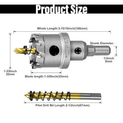 SALI 1-3/8" (35mm) TCT Hole Saw Kit Tungsten Carbide Tipped Hole Saw Drill Bit with Titanium-Plated Pilot Drill bit for Metal, Stainless Steel, Iron, Wood, Plastic - size: 1-3/8"