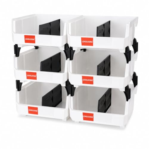 6 Pack Stackable Storage Bins Heavy Duty Parts Organizer White - color: White-6 Pack, size: 11"x11"x5"