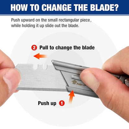 WORKPRO 2PCS EDC Folding Utility Knife, Mini Box Cutter with Quick Open Axis Lock, Quick Change Blade Razor Knife, Foldable Small Pocket Knife with Belt Clip, 2 Packs with 10 Extra Blades - color: Silver