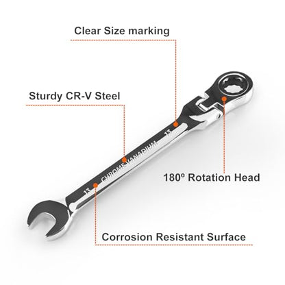 Egofine 13mm Ratchet Wrench Flex Head, Ratcheting Combination Wrench Metric, Industrial Grade Gear Spanner with 12 Point Box End, 72-Teeth Ratchet, Chrome Vanadium Steel - style: 13mm