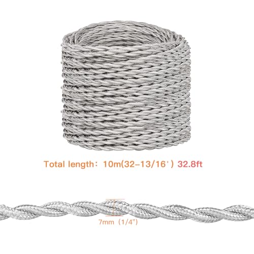 Helunsi 32.8 ft Twisted Cloth Covered Wire, 18/2 Silver Vintage Lamp Cord - color: Silver