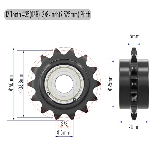 12 Tooth Roller Chain Sprocket, 40mm OD 8mm Bore 3/8" Pitch Chain Idler Sprocket, Single Bearing Black Oxide Finish C45 Carbon Steel for ISO 06B Chain - size: 5mm Bore 12 Tooth