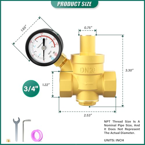 3/4 inch Brass Water Pressure Regulator, with Gauge 0-220PSI, DN20 Adjustable Pressure Reducing Valve, Ideal for pipe fitting - size: 3/4 inch