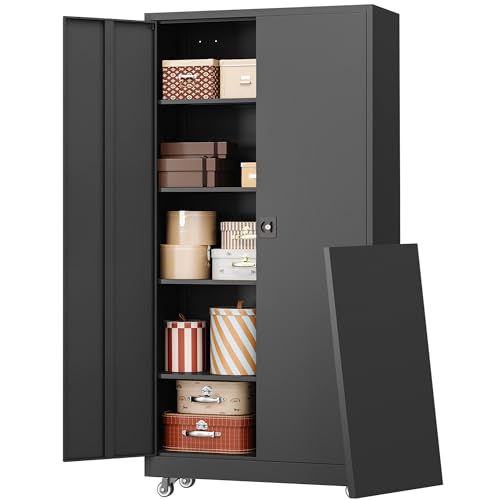 RAVIGIN Metal Garage Storage Cabinet with Wheels,75" H Locking Tool Cabinet with 2 Doors and 4 Adjustable Shelves Tall Cabinet for Garage, Heavy Duty File Cabinet for Office, School (Black) - color: Black, size: 75 IN with Weels
