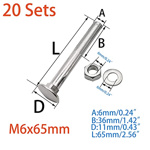 20 Sets Long Square-Neck Carriage Bolts Set,Carriage Bolts Set w/Nuts & Flat Washers,Zinc-Plated,Carbon Steel Grade 4.8,Plain Finish,Partial Threaded(M6-1.0X65mm) - size: M6-1.0X65mm（20 Sets）