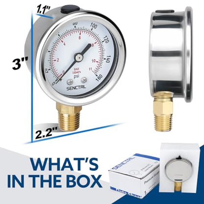 SENCTRL 0-160 Psi Pressure Gauge, 1/4" NPT Lower Mount - size: 0-160Psi, style: Lower Mount